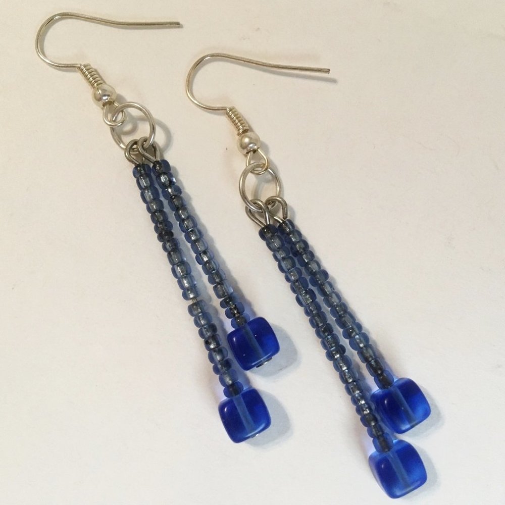 Blue Handmade Earrings 2 Strand Square Beaded Silver Tone Metal Dangle New Gift